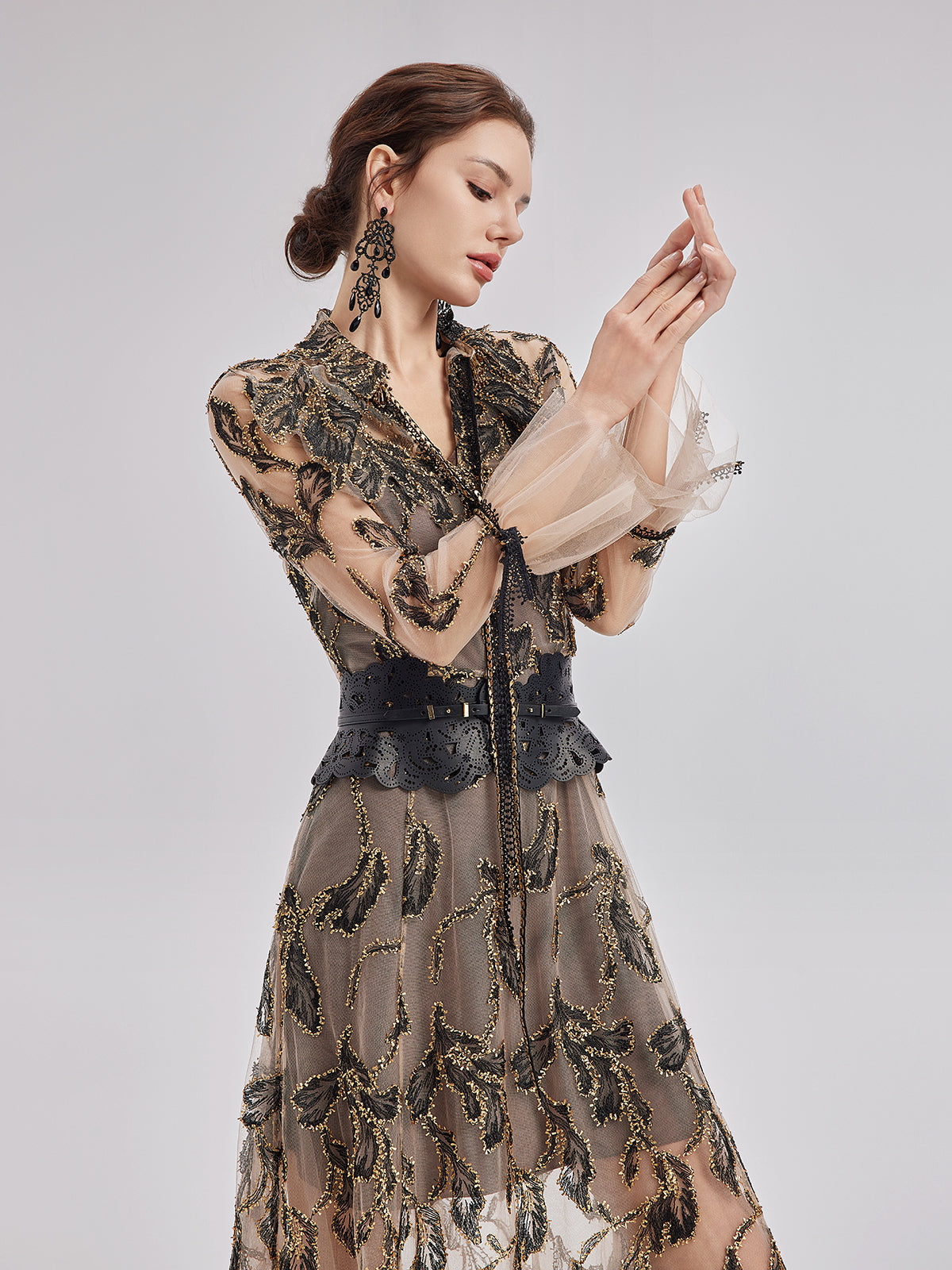 Özel İtalyan Çiçekli Jakar Elbise (Bel Zinciri ile)