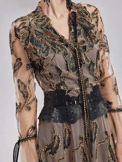 Özel İtalyan Çiçekli Jakar Elbise (Bel Zinciri ile)