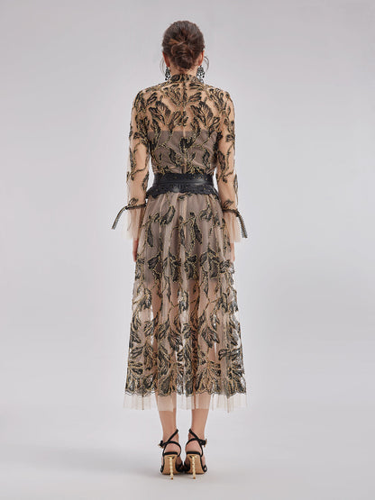 Özel İtalyan Çiçekli Jakar Elbise (Bel Zinciri ile)