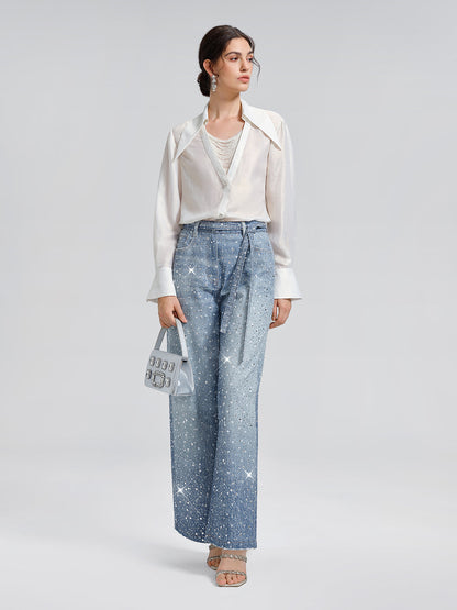 Taşlı Düz Kesim Kot Pantolon