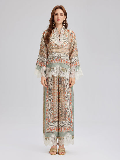 Bitki Desenli Dantel Parçalı Yazlık Bluz