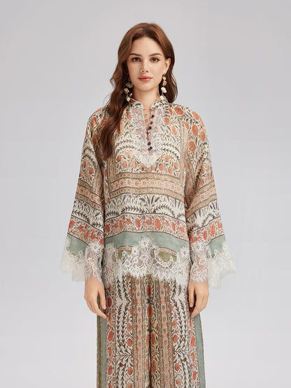 Bitki Desenli Dantel Parçalı Yazlık Bluz