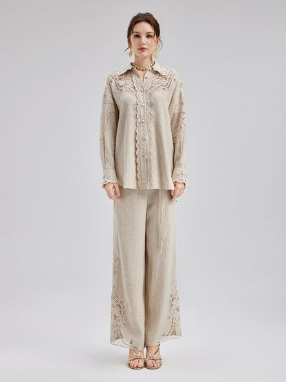 Fransız Keten Görünümlü Örgü Kemerli Dantelli Pantolon