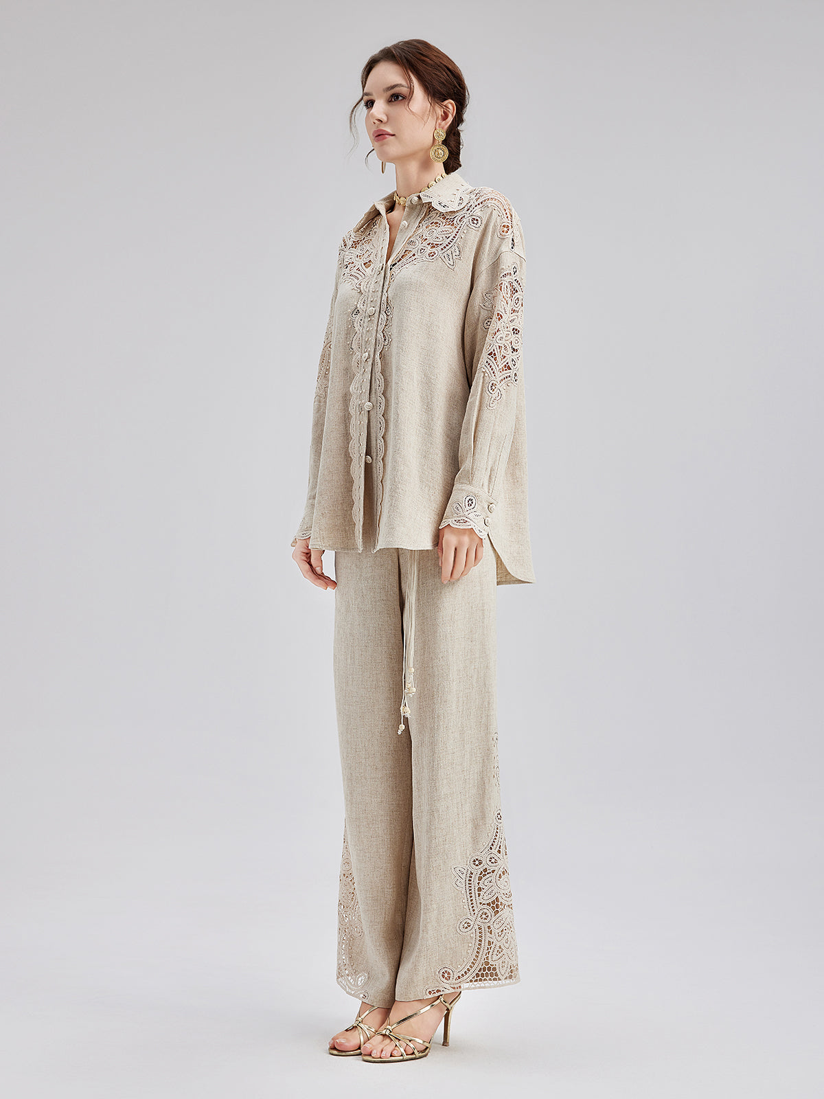 Fransız Keten Görünümlü Örgü Kemerli Dantelli Pantolon