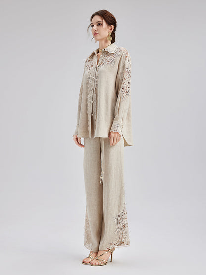 Fransız Keten Görünümlü Örgü Kemerli Dantelli Pantolon