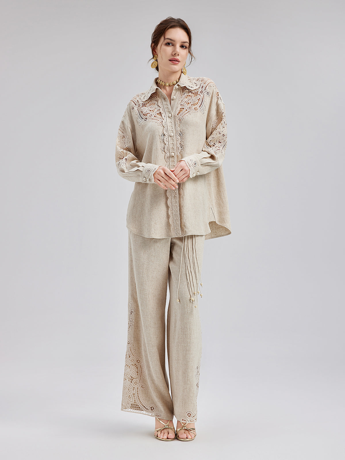 Fransız Keten Görünümlü Örgü Kemerli Dantelli Pantolon