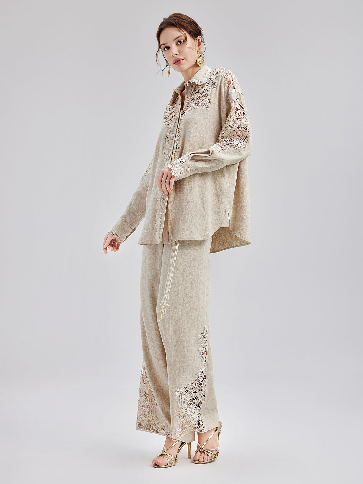 Fransız Keten Görünümlü Örgü Kemerli Dantelli Pantolon