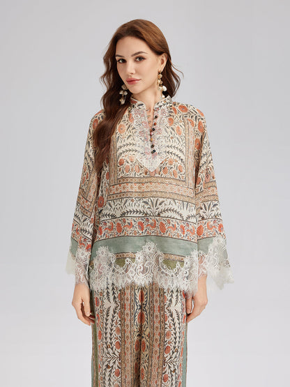 Bitki Desenli Dantel Parçalı Yazlık Bluz