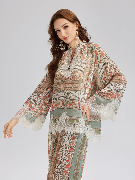 Bitki Desenli Dantel Parçalı Yazlık Bluz