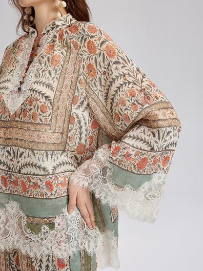 Bitki Desenli Dantel Parçalı Yazlık Bluz