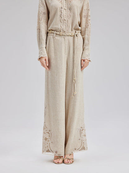 Fransız Keten Görünümlü Örgü Kemerli Dantelli Pantolon