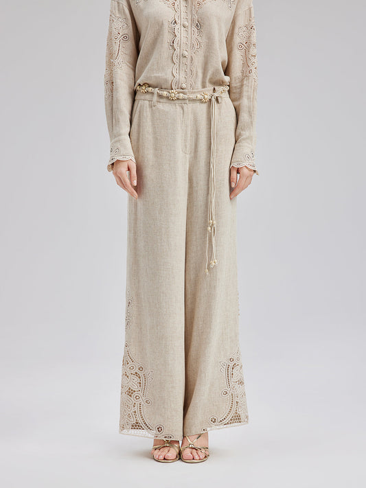 Fransız Keten Görünümlü Örgü Kemerli Dantelli Pantolon