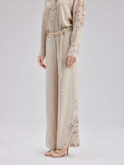 Fransız Keten Görünümlü Örgü Kemerli Dantelli Pantolon