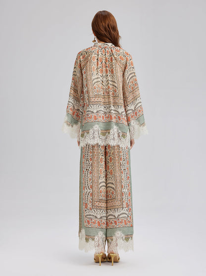 Bitki Desenli Dantel Parçalı Yazlık Bluz