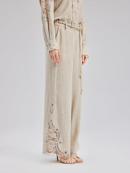 Fransız Keten Görünümlü Örgü Kemerli Dantelli Pantolon