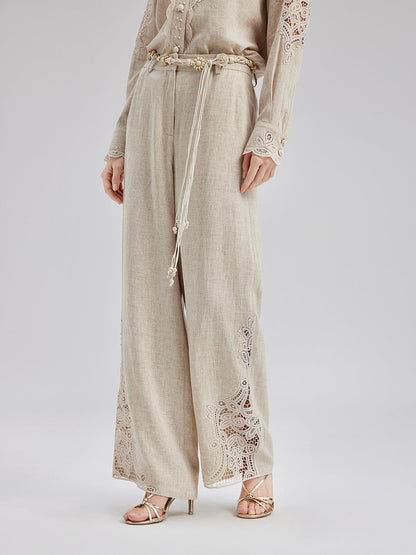 Fransız Keten Görünümlü Örgü Kemerli Dantelli Pantolon