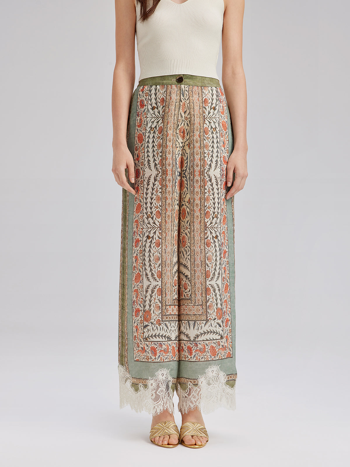 Bitki Desenli Dantel Kenarlı Yazlık Pantolon