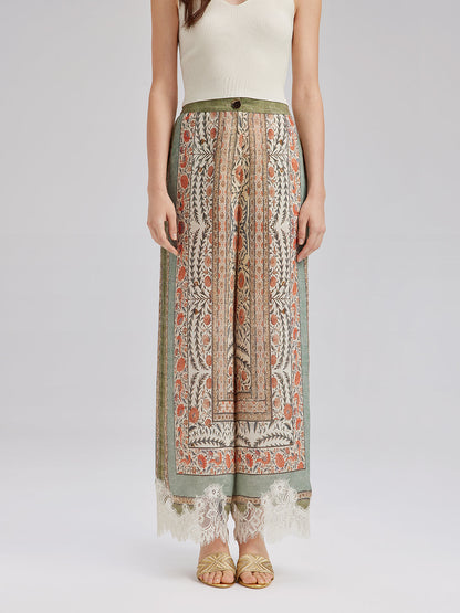 Bitki Desenli Dantel Kenarlı Yazlık Pantolon