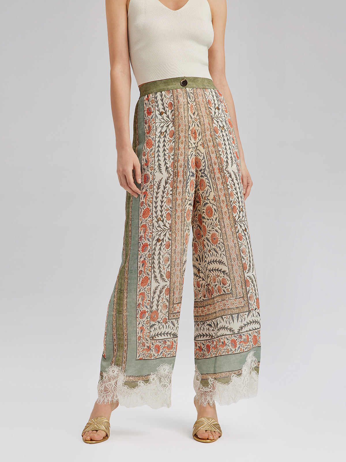 Bitki Desenli Dantel Kenarlı Yazlık Pantolon