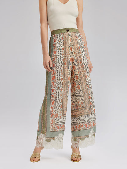 Bitki Desenli Dantel Kenarlı Yazlık Pantolon