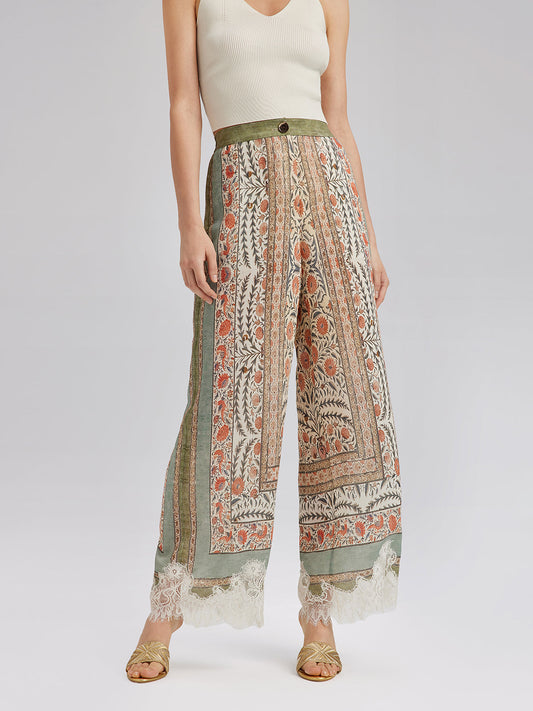 Bitki Desenli Dantel Kenarlı Yazlık Pantolon
