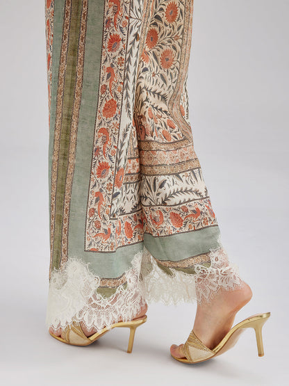 Bitki Desenli Dantel Kenarlı Yazlık Pantolon
