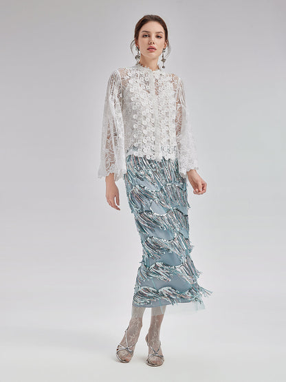 Klasik Dantel Nakışlı İspanyol Kol Bluz