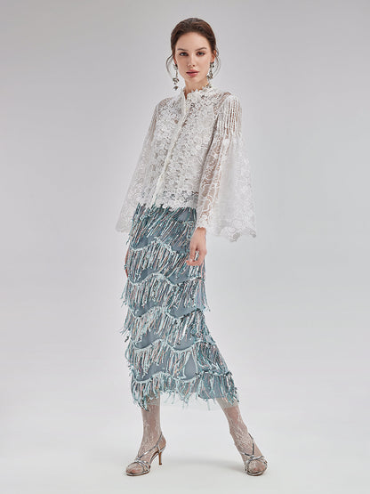 Klasik Dantel Nakışlı İspanyol Kol Bluz