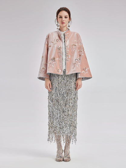 Fransız Kadife Boncuklu Nakışlı Pelerin Kaban