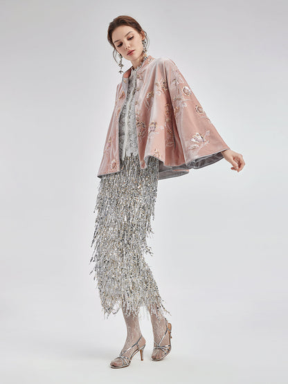 Fransız Kadife Boncuklu Nakışlı Pelerin Kaban