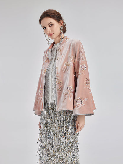 Fransız Kadife Boncuklu Nakışlı Pelerin Kaban