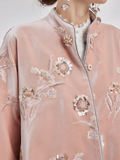 Fransız Kadife Boncuklu Nakışlı Pelerin Kaban