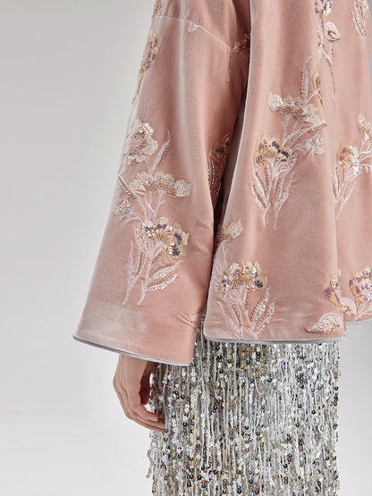 Fransız Kadife Boncuklu Nakışlı Pelerin Kaban