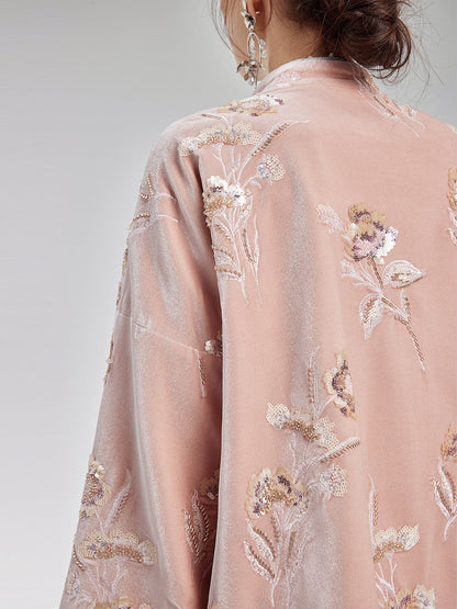 Fransız Kadife Boncuklu Nakışlı Pelerin Kaban