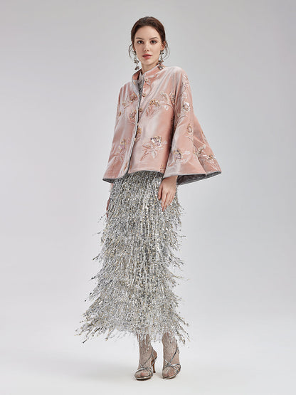 Fransız Kadife Boncuklu Nakışlı Pelerin Kaban