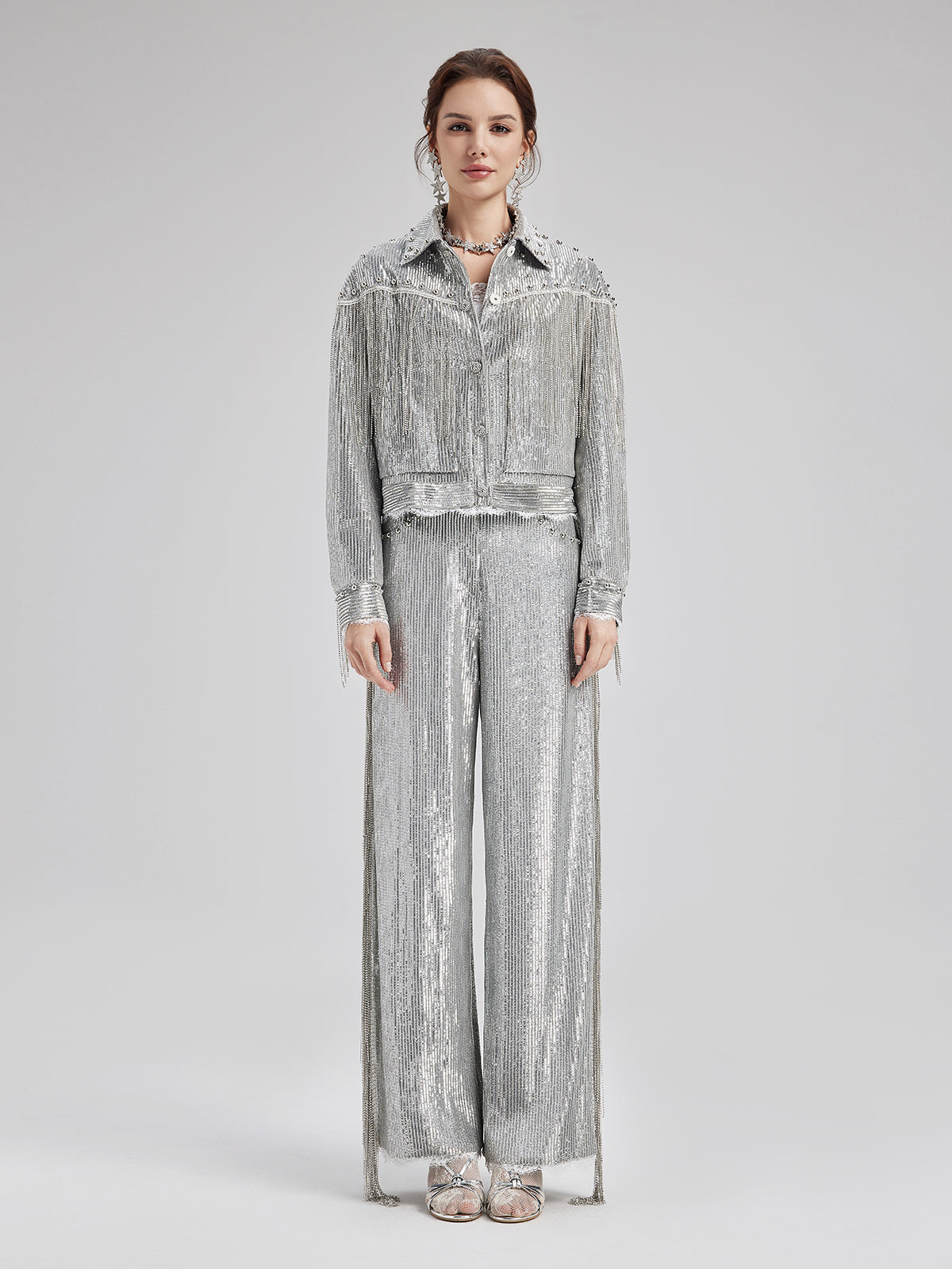 Pullu Dantelli Püsküllü Boncuklu Pantolon