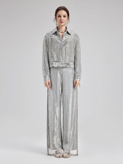 Pullu Dantelli Püsküllü Boncuklu Pantolon