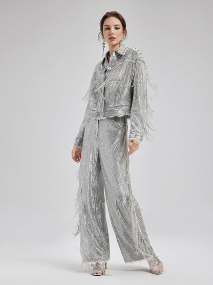 Pullu Dantelli Püsküllü Boncuklu Pantolon