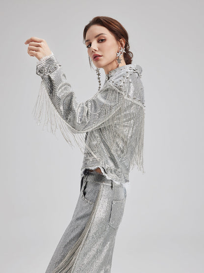 Pullu Dantelli Püsküllü Boncuklu Bluz