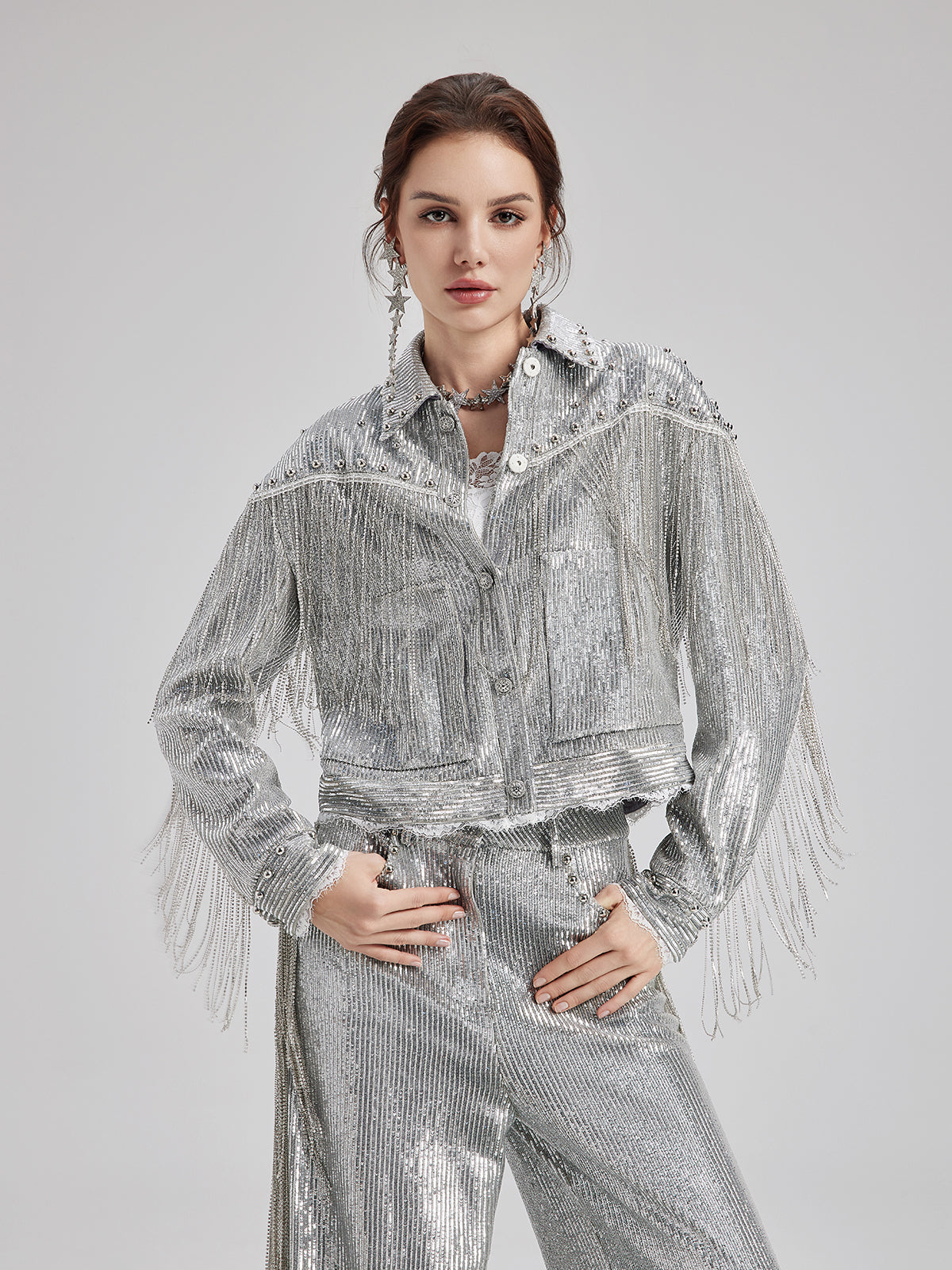 Pullu Dantelli Püsküllü Boncuklu Bluz