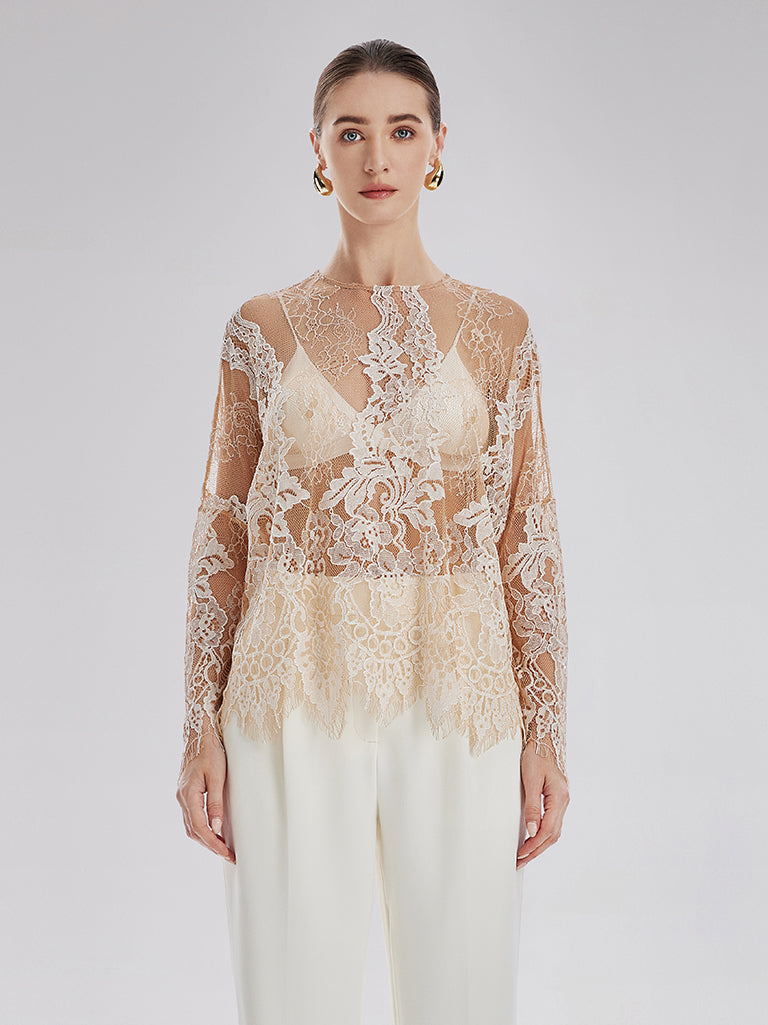Dantel Nakışlı Tül Bluz
