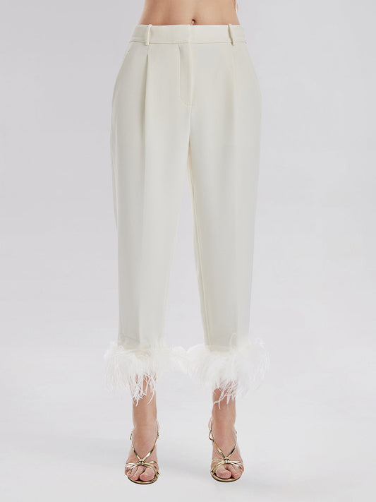 Yüksek Bel Tüy Detaylı Pantolon