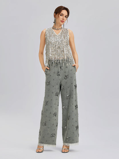 Parça Boyama Boncuklu Dantel Kenarlı Pantolon