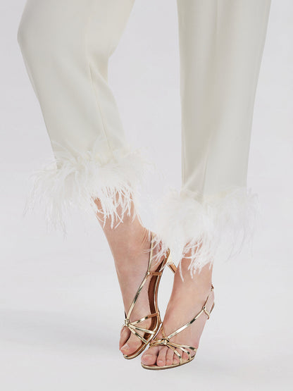 Yüksek Bel Tüy Detaylı Pantolon