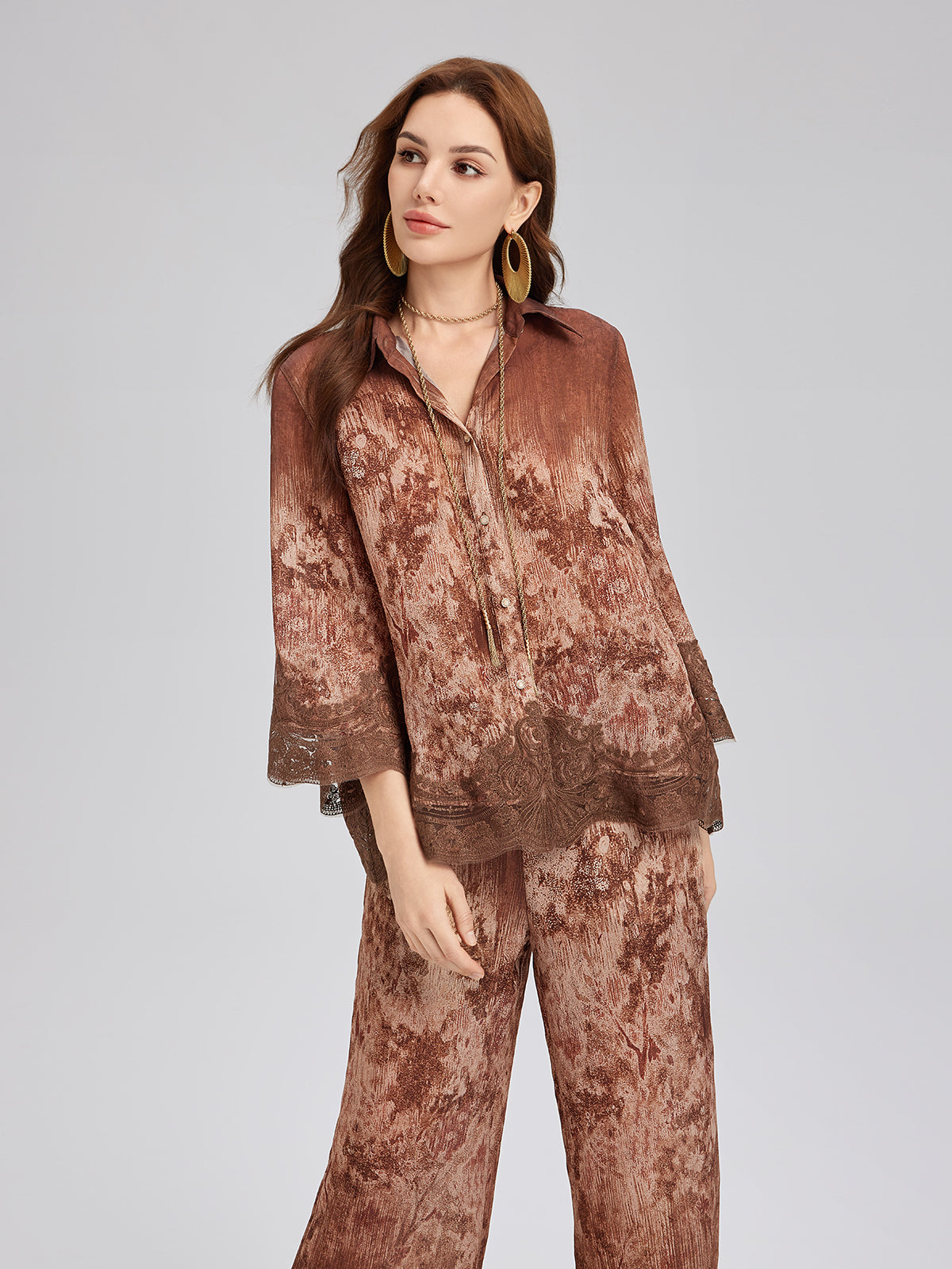 Renk Geçişli Dantel Parçalı Gömlek