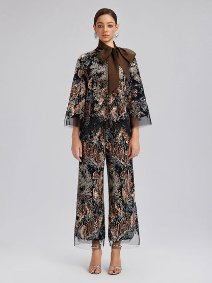 Pullu Sarmaşık Nakışlı Düz Pantolon