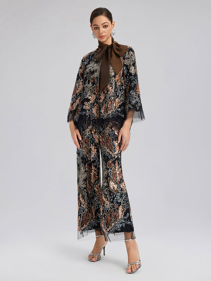 Pullu Sarmaşık Nakışlı Düz Pantolon