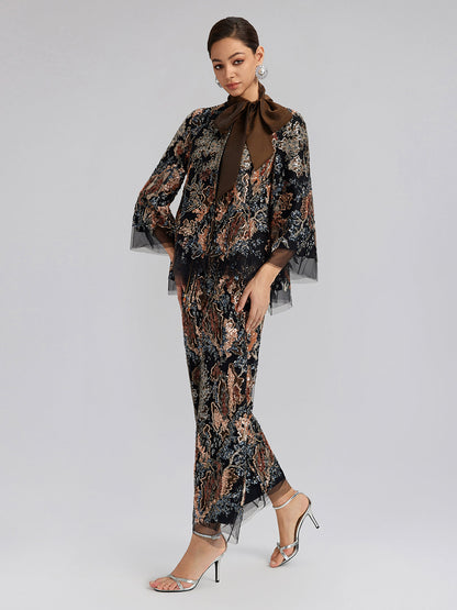 Pullu Sarmaşık Nakışlı Bağlamalı Ceket