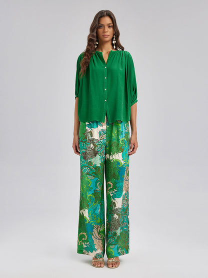 Beli Lastikli Çiçek Desenli Keten Görünümlü Pantolon