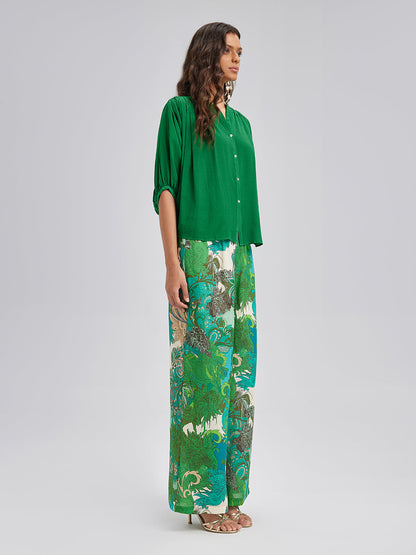 Beli Lastikli Çiçek Desenli Keten Görünümlü Pantolon